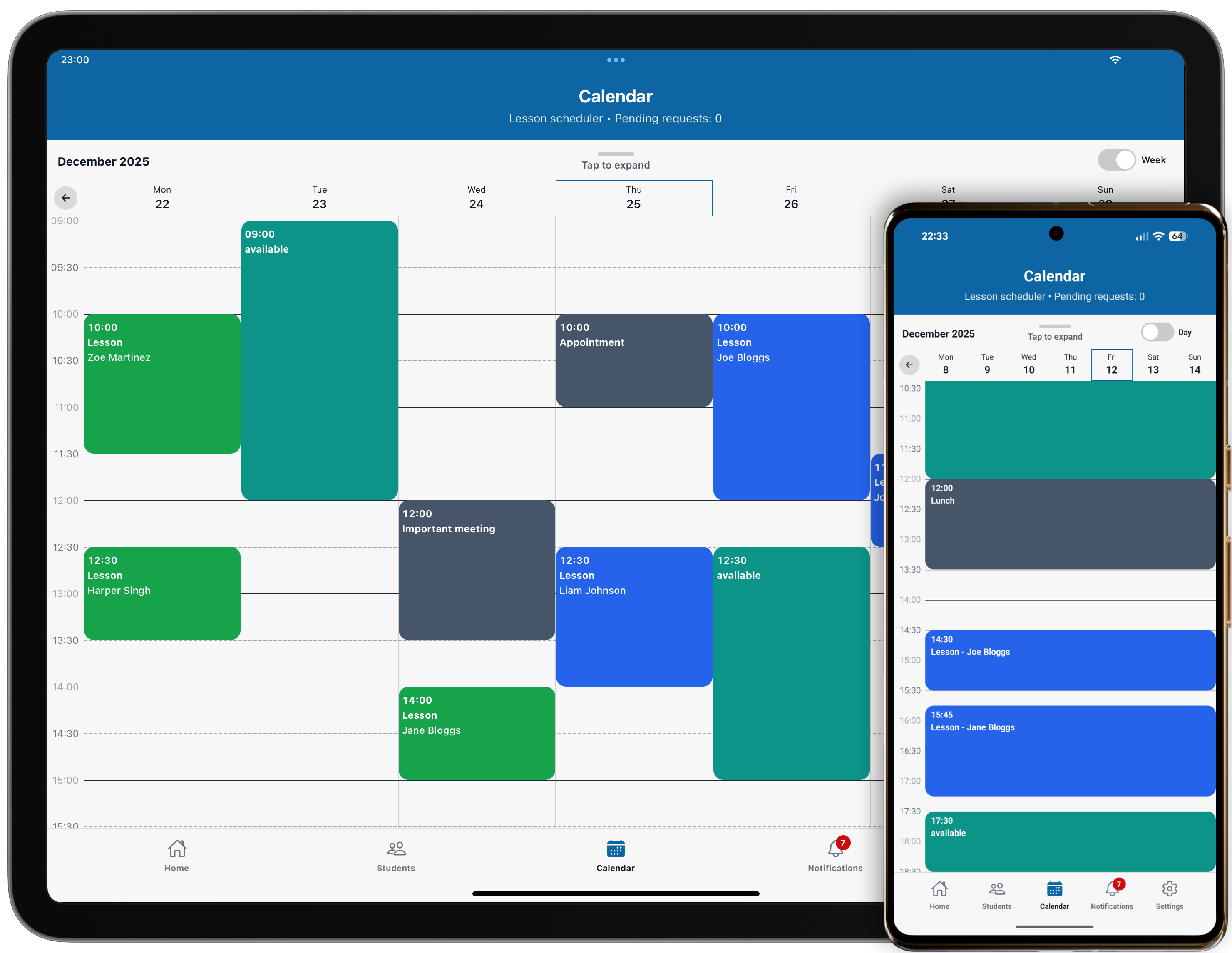 Lesson scheduling calendar